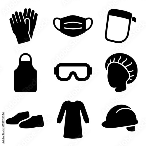 PPE Icon Grid. Solid, Filled icon set of personal protective equipment: disposable gloves, face mask, face shield, apron, goggles,