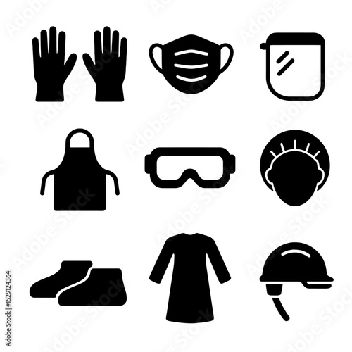 PPE Icon Grid. Solid, Filled icon set of personal protective equipment: disposable gloves, face mask, face shield, apron, goggles,