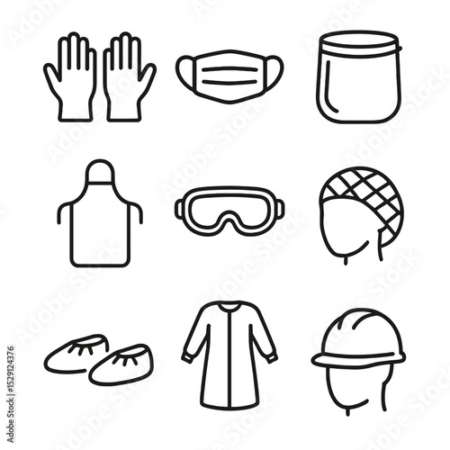 PPE Icon Set. Outline icon set of personal protective equipment: disposable gloves, face mask, face shield, apron, goggles,