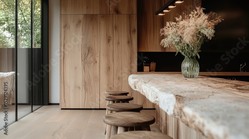 A modern kitchen featuring warm wooden elements and lush greenery, showcasing sustainable design while creating a cozy yet elegant atmosphere perfect for cooking and gathering.