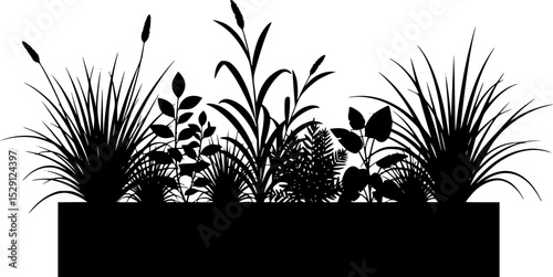 A Simple Silhouette Illustration of Plants Growing in a Rectangular Container
