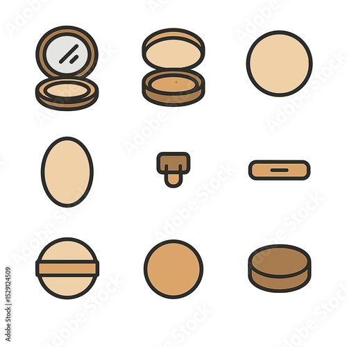 Pressed Powder Icon Set. Flat icon set of pressed powder compacts: mirrored compact, cushion compact, refill pan, protective lid,