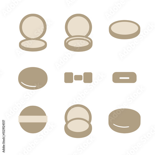 Pressed Powder Icon Set. Flat icon set of pressed powder compacts: mirrored compact, cushion compact, refill pan, protective lid,