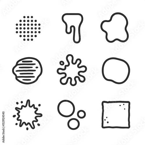 Printmaking Icon Grid. Outline icon set of printmaking splatters: screen print dot, linocut drip, relief blob, monoprint smear,