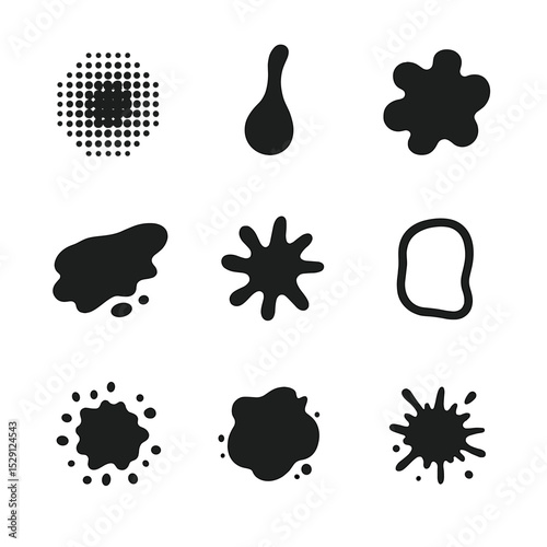 Printmaking Splatter Icons. Flat icon set of printmaking splatters: screen print dot, linocut drip, relief blob, monoprint smear,