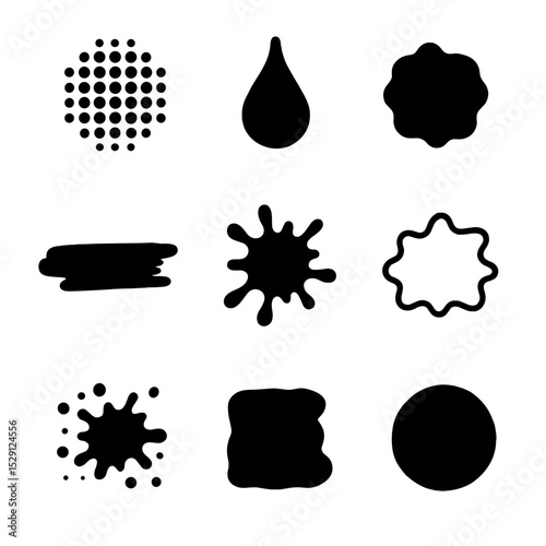 Printmaking Splatter Icons. Flat icon set of printmaking splatters: screen print dot, linocut drip, relief blob, monoprint smear,