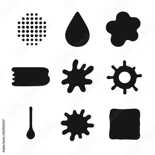 Printmaking Splatters Icons. Solid, Filled icon set of printmaking splatters: screen print dot, linocut drip, relief blob,