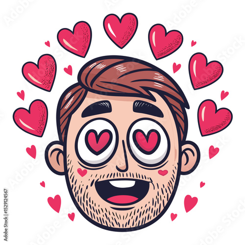 Create a cartoon illustration of a face with comically large, heart-shaped eyes expressing intense love, and a single floating flower near its cheek.