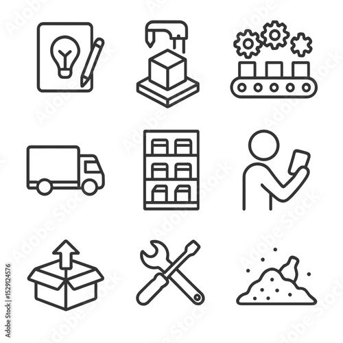 Product Lifecycle Icons. Outline icon set of product lifecycle management: design sketch, prototyping model, mass production line,