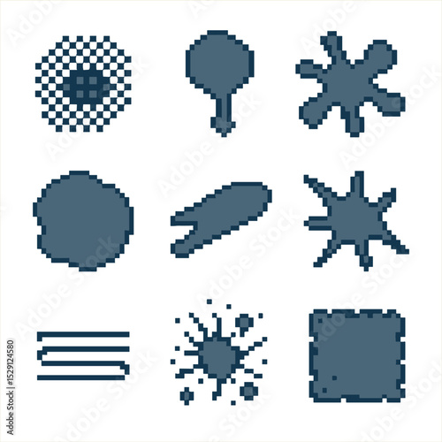 Printmaking Icon Set. Pixel art icon set of printmaking splatters: screen print dot, linocut drip, relief blob, monoprint smear,