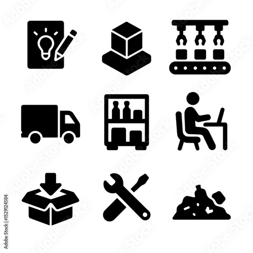 Product Lifecycle Icons. Solid, Filled icon set of product lifecycle management: design sketch, prototyping model, mass production