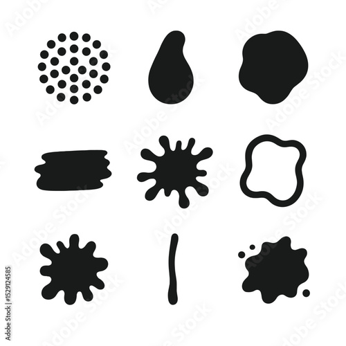 Printmaking Splatters Icons. Solid, Filled icon set of printmaking splatters: screen print dot, linocut drip, relief blob,