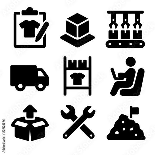 Product Lifecycle Icons. Solid, Filled icon set of product lifecycle management: design sketch, prototyping model, mass production