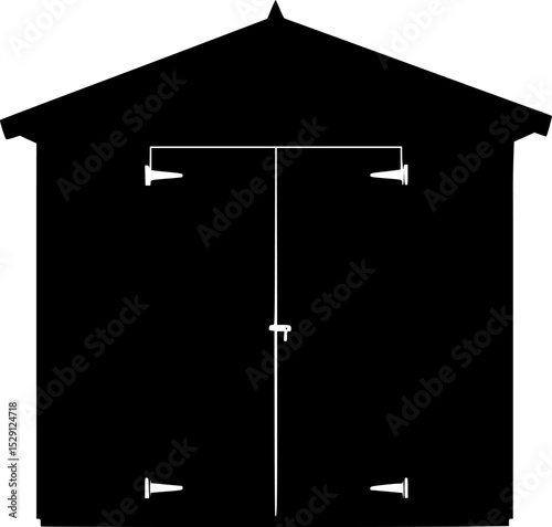 A bold silhouette of a garden shed structure stands tall and minimalist
