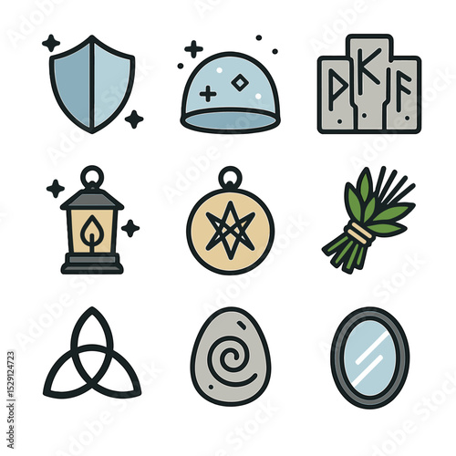 Protective Wards Icon Set. Flat icon set of protective wards: shield barrier, magic dome, rune wall, lantern light, talisman, herb