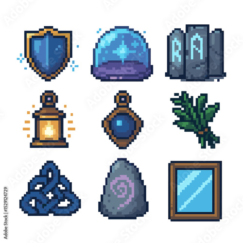 Protective Wards Icons. Pixel art icon set of protective wards: shield barrier, magic dome, rune wall, lantern light, talisman,