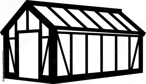 Simple bold line drawing of a greenhouse structure with gabled roof
