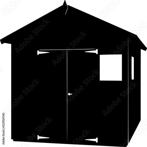 A bold silhouette of a garden shed structure stands tall and minimalist
