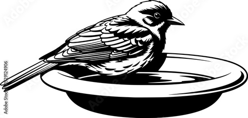 Silhouette of a Bird Resting on a Bird Bath in stark contrast