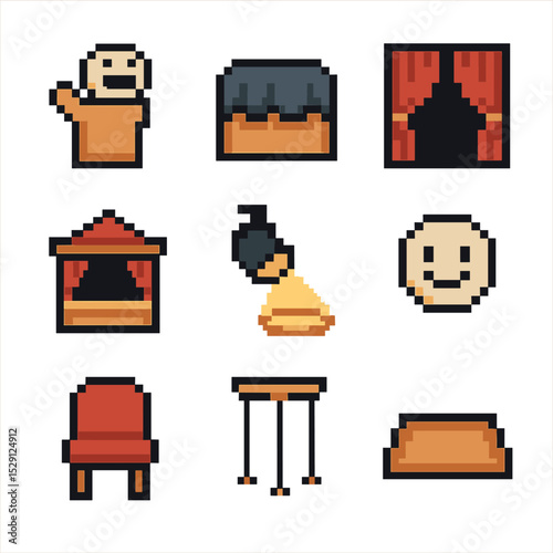 Puppet Show Icons. Pixel art icon set of puppet show: hand puppet, blanket stage, curtains, puppet theater, spotlight, smiley