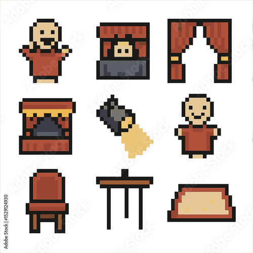 Puppet Show Icons. Pixel art icon set of puppet show: hand puppet, blanket stage, curtains, puppet theater, spotlight, smiley