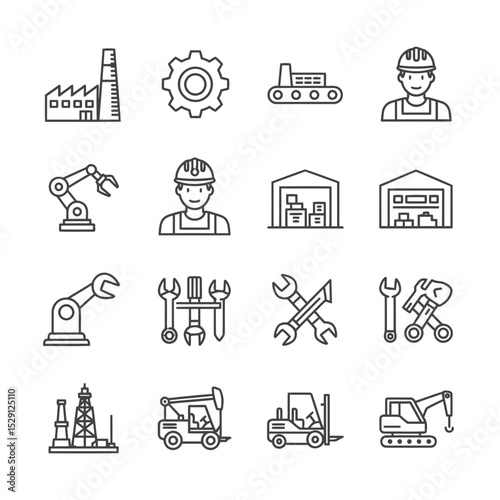 Collection of Industrial Icons Featuring Factory, Machinery, and Worker Symbols Perfect for Manufacturing Websites and Applications