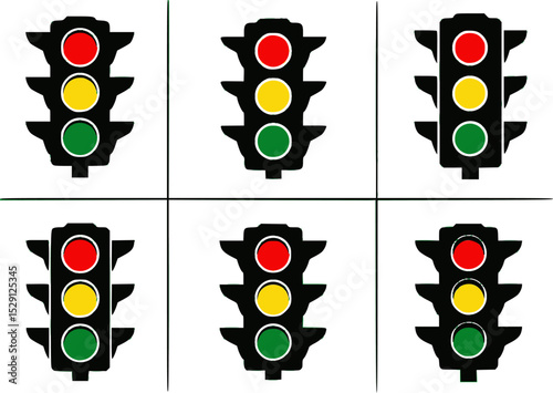 Six black and white traffic light cliparts in a grid design
