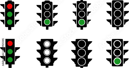 Six black and white traffic light cliparts in a grid design
