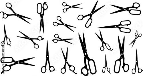 Black scissor silhouettes in different shapes, oriented in different directions, set on white
