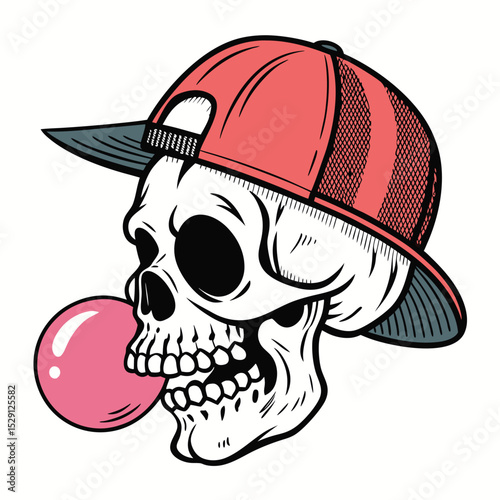 A cartoon skull, grinning mischievously, chews gum while sporting a backwards snapback hat.  Detailed, vibrant colors.