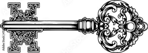 Detailed vintage key silhouette with intricate patterns and elaborate design features
