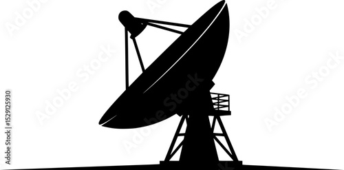 Silhouette of a large satellite dish aimed towards the sky for communication
