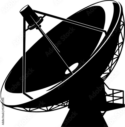 Silhouette of a large satellite dish aimed towards the sky for communication
