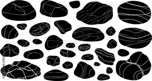 Silhouette of assorted rocks and stones in black and white illustration
