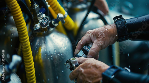 Close-up shots of hands adjusting equipment - checking scuba tanks