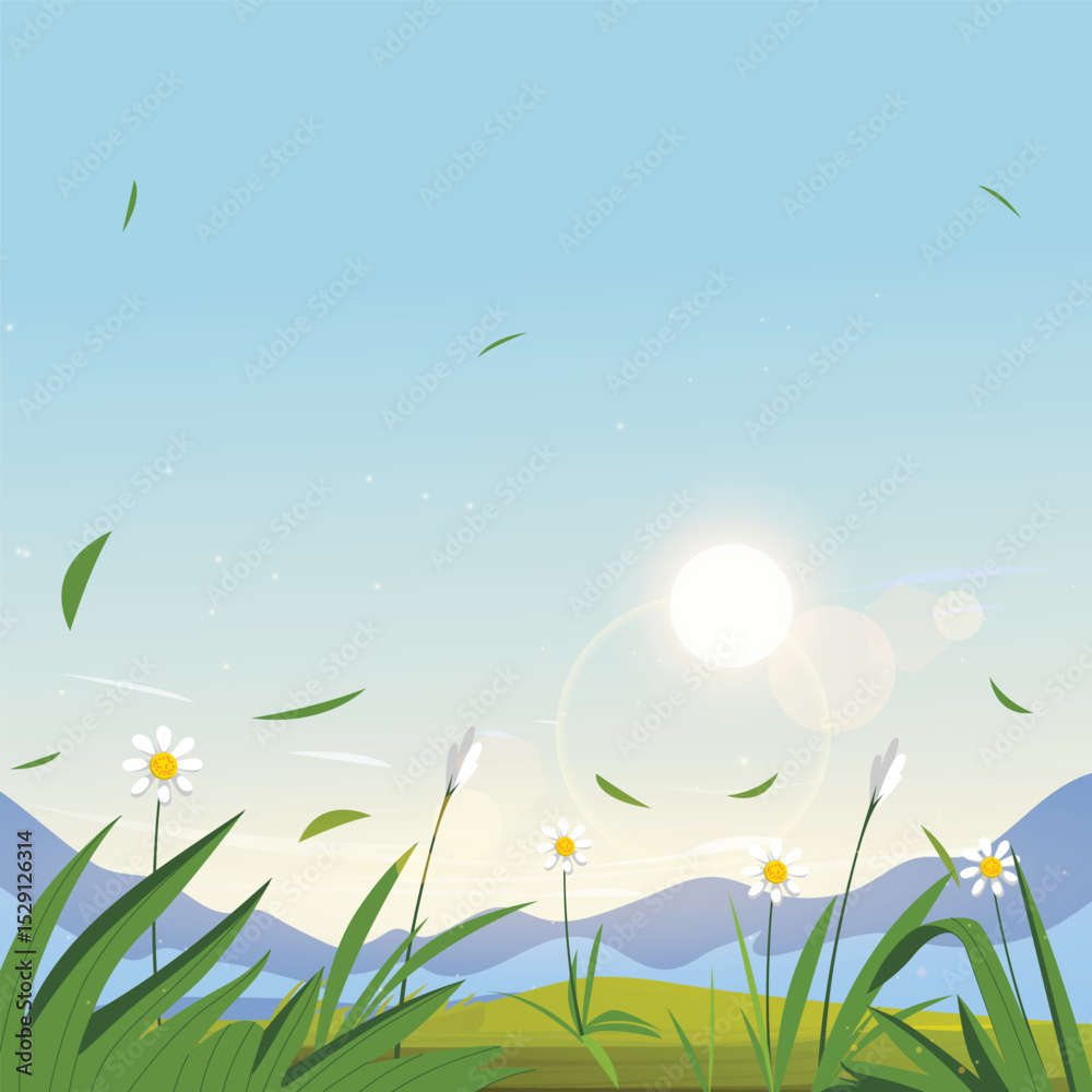 Obraz premium cartoon nature scenery with flowers and grass in the mountains
