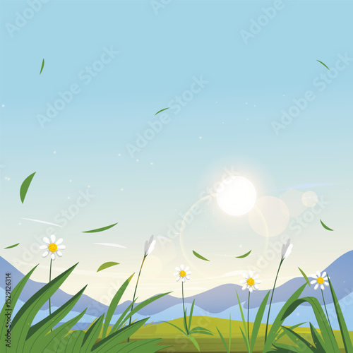 cartoon nature scenery with flowers and grass in the mountains