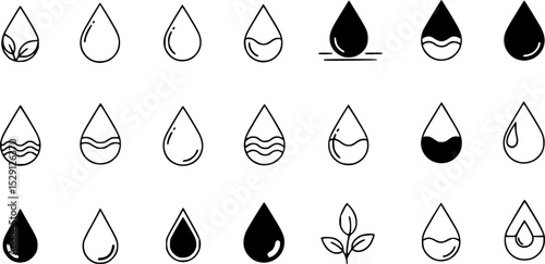 Minimalist Water Droplet Icon Set, A collection of water droplet icons in clean, minimalist styles, perfect for themes related to water, purity, nature, and sustainability.