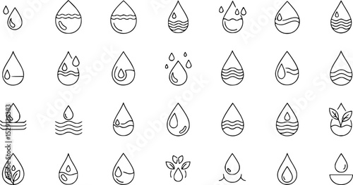 Minimalist Water Droplet Icon Set, A collection of water droplet icons in clean, minimalist styles, perfect for themes related to water, purity, nature, and sustainability.