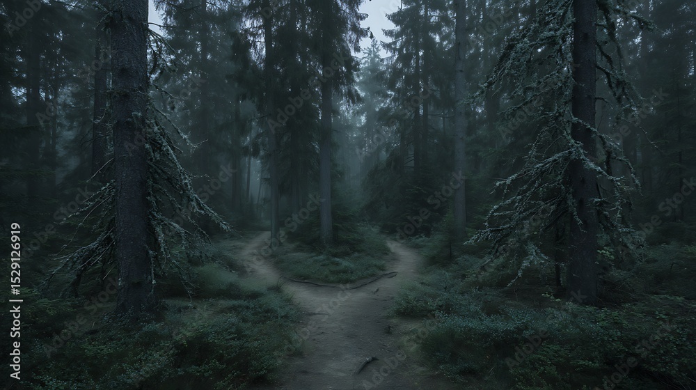 Obraz premium Mystical path forks within a dark forest