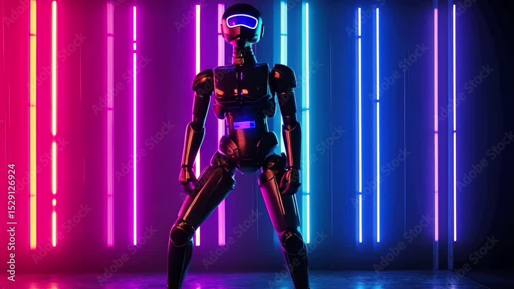 Dancing alien robot performs against a vibrant metal backdrop with bright neon lights, Dancing alien robot on a metal background with bright neon lights
