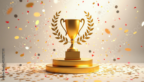 Golden trophy on a pedestal, surrounded by confetti, represents an award. It is used to signify winner, success, victory, best icon, or a 3d object.

