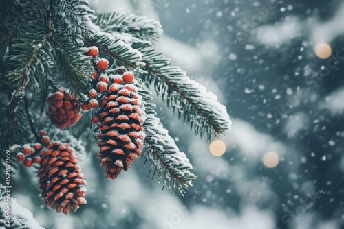 Snow-covered pine branch with vibrant red pine cones and berries during a winter snowfall creating a festive holiday scene. photo