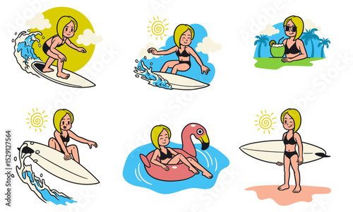 Collection Of Woman Summer Vacation Illustration in Retro
