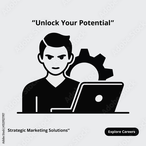 Man working on laptop with gear icon unlock your potential
