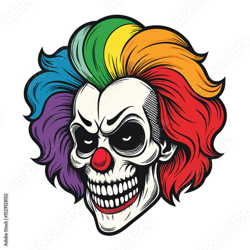A disturbingly cheerful clown skull with a wide, creepy grin, vibrant rainbow hair, detailed bone structure, and dark eye sockets.