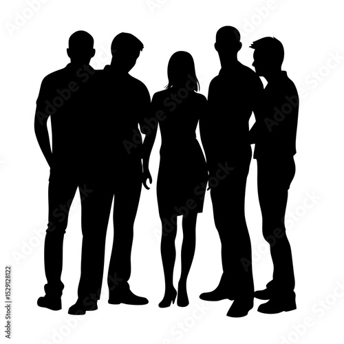 Silhouette illustration of a group of five people standing together in a casual setting looking at something created with generated ai