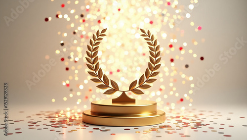 A gold laurel wreath sits on a gold pedestal. The image looks like a congratulatory award, and is surrounded by blurred bokeh lights.

