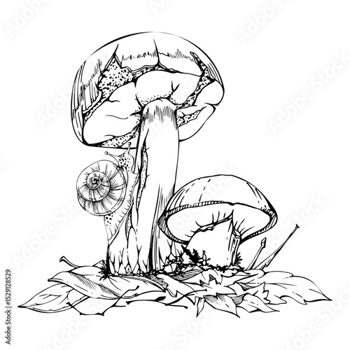 Suillus larch bolete slippery jack mushrooms with crawling snail, on top of autumn leaves pile with twigs. Fungi nature illustration hand drawn in vector ink. Forest floor habitat ecosystem scene.