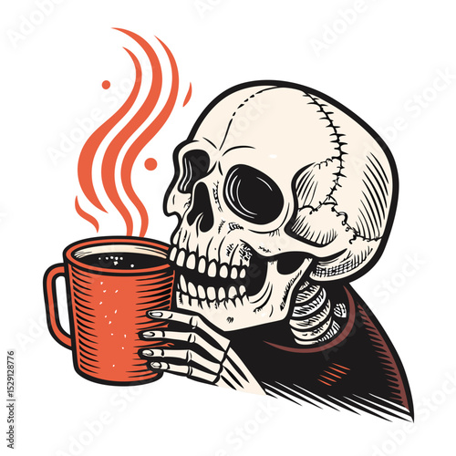 A detailed illustration of a skull, intricately rendered, holding an oversized coffee mug, isolated on a white background;  depicting coffee addiction.